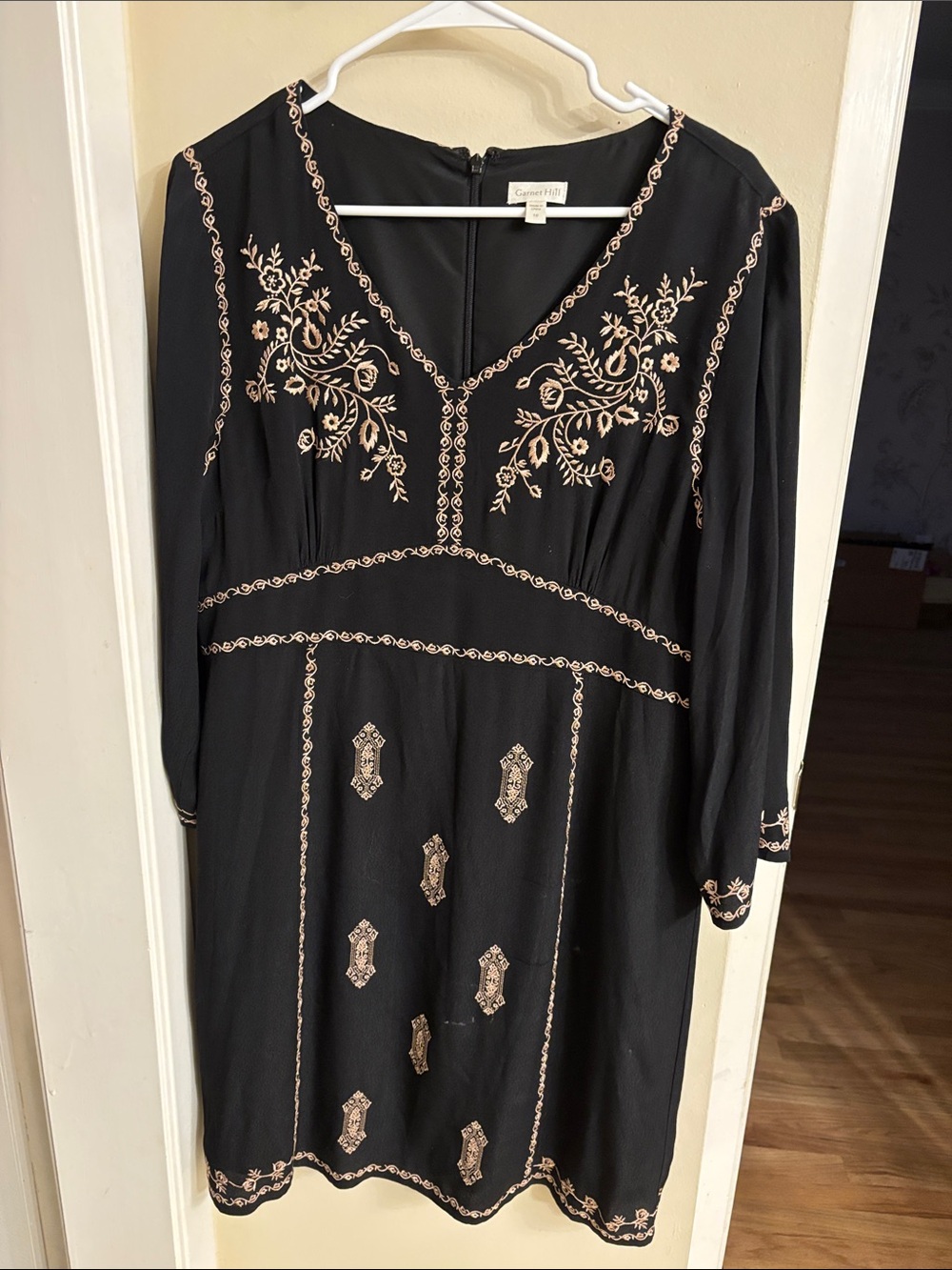 Garnet Hill Black Dress with Blush Pink Embroidery